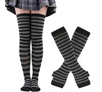 Thajaling Calcetines para mujer,Guantes sin dedos a rayas,Juego de calcetines altos hasta la rodilla,Calcetines largos a rayas para cosplay de niñas,Guantes mitones para Halloween (Gris/Negro)