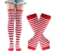 Thajaling Calcetines para mujer,Guantes sin dedos a rayas,Juego de calcetines altos hasta la rodilla,Calcetines largos a rayas para cosplay de niñas,Guantes mitones para Halloween (Rojo/Blanco)