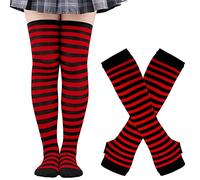 Thajaling Calcetines para mujer,Guantes sin dedos a rayas,Juego de calcetines altos hasta la rodilla,Calcetines largos a rayas para cosplay de niñas,Guantes mitones para Halloween (Negro/Rojo)