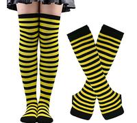 Thajaling Calcetines para mujer,Guantes sin dedos a rayas,Juego de calcetines altos hasta la rodilla,Calcetines largos a rayas para cosplay de niñas,Guantes mitones para Halloween (Amarillo/Negro)