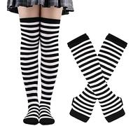Thajaling Calcetines para mujer,Guantes sin dedos a rayas,Juego de calcetines altos hasta la rodilla,Calcetines largos a rayas para cosplay de niñas,Guantes mitones para Halloween (Negro/Blanco)