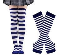 Thajaling Calcetines para mujer,Guantes sin dedos a rayas,Juego de calcetines altos hasta la rodilla,Calcetines largos a rayas para cosplay de niñas,Guantes mitones para Halloween (Azul/Blanco)