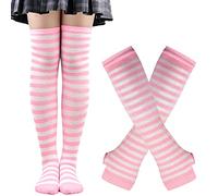 Thajaling Calcetines para mujer,Guantes sin dedos a rayas,Juego de calcetines altos hasta la rodilla,Calcetines largos a rayas para cosplay de niñas,Guantes mitones para Halloween (Rosa/Blanco)