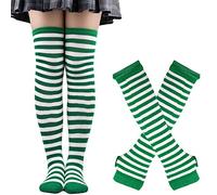 Thajaling Calcetines para mujer,Guantes sin dedos a rayas,Juego de calcetines altos hasta la rodilla,Calcetines largos a rayas para cosplay de niñas,Guantes mitones para Halloween (Verde/Blanco)