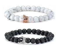 Thajaling Par distancia pulseras para lovers-2pcs Pulsera de piedra blanca negra oro rosa y plata con cuentas de la reina de la coronacouple bracelets