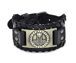 Thajaling Pulsera con patrón de martillo de Thor, pulsera de cuero vikingo, pulsera de amuleto de runas nórdicas, Pulsera de nudo celta hecha a mano, pulsera vintage para mujeres hombres (Bronce)