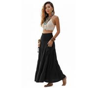 Thaluta - Falda Larga Estilo Bohemio con Bolsillos amplios, algodón, Estilo Hippie, Cintura elástica, Falda Gitana, Negro -, Talla única