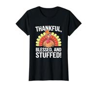 Thankful Blessed and Stuffed - Divertido Pavo de Acción de Gracias Camiseta gráfica económica, Mujer, Negro, XS