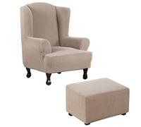 Thdsubb Funda De Sillón con Orejas Funda Otomana Elástica Jacquard Funda para Taburete Fundas Protector De Butaca Funda De Reposapiés (Caqui,Sillón + Rectángulo XL)