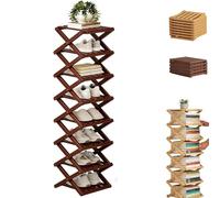 The 9-Tier No-Assembly Bamboo Rack, Foldable Vertical Shoe Organizer for Small Spaces, No-Tool Assembly, Foldable Storage Shelf for Shoes, Books & Home Storage, Sturdy & Stable (Brown,8 Tier)