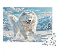 The American Eskimo Dog Rompecabezas de Papel Resistente Samoyedo Blanco Corriendo en Campo Nevado, Objeto Coleccionable de Decoración del Hogar 38x26cm/1000 Piezas