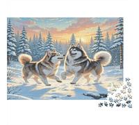 The American Eskimo Dog Rompecabezas DIY de Papel Premium Dos Huskies Corriendo en Bosque Nevado, Alivio del Estrés Decorativo 52x38cm/1000 Piezas