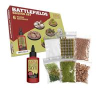 The Army Painter, Battlefields Basing Set, kit con pegamento PVA 50 ml | Kit de modelismo con pegamento PVA 50 ml, 35 mechones verdes y 1 caja de hierba, para terrenos y miniaturas Warhammer