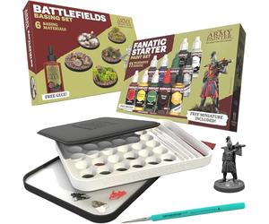 The Army Painter, Hobby Essentials Bundle - con Warpaints Fanatic Starter, Battlefield Basing, Wet Palette XL y 1 Dipit Brush - perfecto para pintar miniaturas para D&D y Warhammer