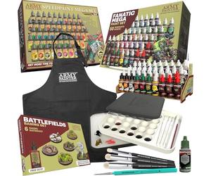 The Army Painter, Ultimate Starter Bundle con Warpaints Fanatic & Speedpaint 2.0 Mega Set, Wet Palette XL, Basing materials, Pinceles Masterclass Drybrush, Delantal Negro, 2 Pinceles, primer