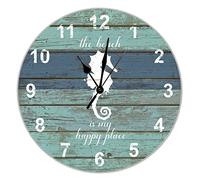 The Beach Is My Happy Place - Reloj de pared de madera con diseño de caballito de mar, color verde azulado, para colgar en la pared, funciona con pilas, cuarzo silencioso, 38 cm, para el hogar, sala