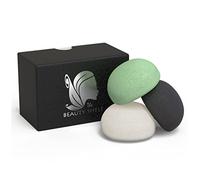 The Beauty Shelf - Set de 3 esponjas faciales de konjak, con forma hemisférica, con carbón de bambú activo, té verde y konjak blanca natural