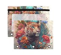 The Blue Eyed Leopard Among The Flowers - Estuche para lápices de 3 anillas (plástico reciclado, transparente, impermeable, con cremallera, accesorios de papelería)