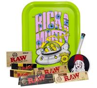 THE BOAT Regalo para Fumadores Bandeja para Liar Rick y Morty 25 x 19 cm + Papel Raw Organic, Black y Classic King Size + Tips + Pegatinas + Portacigarros - Producto Oficial. (Ovni)