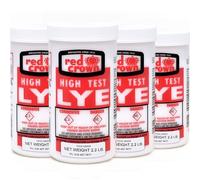 The Boyer Corporation Red Crown Lye para hacer jabón, hidróxido de sodio puro de alta prueba de grado alimenticio, soda cáustica, limpiador de drenaje y removedor de obstrucciones, paquete de 4