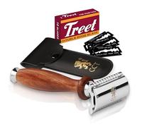 The Cambridge Cutthroat Maquinilla de Afeitar de Seguridad para Hombre Double Edge Safety Razor en Acero Inoxidable con Mango de Madera Missanda, con diez cuchillas y estuche de viaje