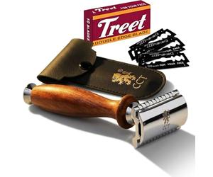 The Cambridge Cutthroat Maquinilla de Afeitar de Seguridad para Hombre Double Edge Safety Razor en Acero Inoxidable con Mango de Madera Missanda, con diez cuchillas y estuche de viaje