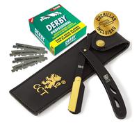 The Cambridge Cutthroat® - Navaja afeitar para hombre de madera y acero inoxidable - Calidad barbero profesional - Incluye 10 cuchillas Derby y estuche - Accesorios para un aseo perfecto