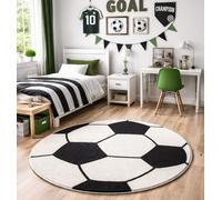 the carpet Beat Kids - Alfombra infantil suave y acogedora, fácil de limpiar, no destiñe, diseño de fútbol, color negro y crema, 200 cm, redonda