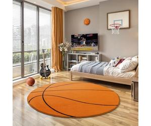 the carpet Beat Kids Alfombra infantil suave y mullida, alfombra de juego, pelo esponjoso y suave, fácil de cuidar, resistente al color, motivo de baloncesto, naranja, 160 cm redonda