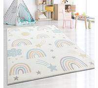 the carpet Dreamy Kids - Alfombra Infantil Moderna, Pelo Suave, fácil de cuidar, no destiñe, Estampado Arco Iris, Crema, 120 x 170 cm
