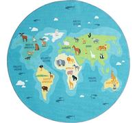 the carpet Happy Life - Alfombra Infantil, Alfombra de Juego, Lavable, Mapa Mundial, Mapa Mundial-Azul, 160 cm Redondo