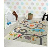 the carpet Happy Life - Habitación Infantil, Alfombra Infantil, Alfombra de Juego, Lavable, Alfombra de Calles, Selva, Animales, Coche, Verde, 200 x 290 cm