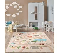 the carpet Happy Life - Habitación Infantil, Alfombra Infantil, Alfombra de Juego, Lavable, Alfombra de Calles, Selva, Animales, Coche, Beige, 200 x 290 cm