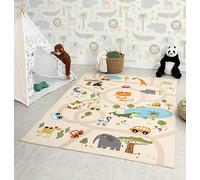 the carpet Happy Life - Habitación Infantil, Alfombra Infantil, Alfombra de Juego, Lavable, Alfombra de Calles, Calles, Jungla, Animales, Coche, Beige, 200 x 290 cm