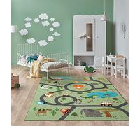 the carpet Happy Life - Habitación Infantil, Alfombra Infantil, Alfombra de Juego, Lavable, Alfombra de Calles, Calles, Jungla, Animales, Coche, Verde, 200 x 290 cm