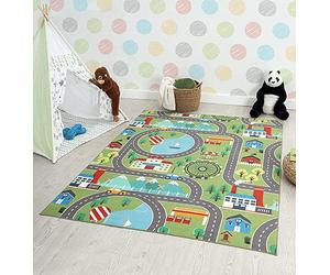 the carpet Happy Life - Habitación Infantil, Alfombra Infantil, Alfombra de Juego, Lavable, Alfombra de Calles, Calles, Ciudad, Coche, Verde, 100 x 200 cm
