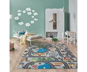 the carpet Happy Life - Habitación Infantil, Alfombra Infantil, Alfombra de Juego, Lavable, Alfombra de Calles, Calles, Ciudad, Coche, Gris, 80 x 150 cm