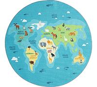 the carpet Happy Life - Habitación Infantil, Alfombra Infantil, Alfombra de Juego, Lavable, Mapa del Mundo, Tierra, Animales, Azul, 200 cm Redondo