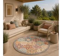 the carpet Palma - Versátil, Interior y Exterior, diseño Moderno, Sala de Estar, Resistente a la Intemperie y a los Rayos UV, Duradera, fácil de Limpiar, balcón, Invernadero, Multi, 120 cm Redondo