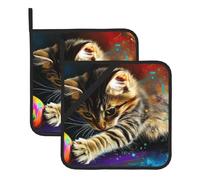 The Cat Is Playing With The Colorful Ball. Juego de 2 soportes decorativos de cocina, resistentes al calor, forro de algodón, almohadillas calientes para horno, barbacoas, decoraciones navideñas