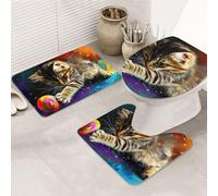 The Cat Is Playing With The Colorful Ball. Juego de alfombras de baño de 3 piezas, alfombrilla de baño + alfombrilla de contorno + funda de asiento de inodoro, lavable a máquina, antideslizante, de