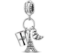The Charmery Abalorio de viaje de plata de ley 925 con diseño de la Torre Eiffel de París y café, compatible con abalorios Pandora y muchas otras pulseras de abalorios del Reino Unido., Metal
