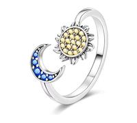 The Charmery Anillo ajustable de plata de ley 925 con sol y luna, diseño artesanal celestial para mujeres y niñas