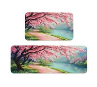 The Cherry Trees By The River - Juego de 2 tapetes de cocina acolchados cómodos para decoración del hogar, tapetes de cocina para suelo, antideslizantes, lavables, para lavandería, 43 x 119 cm + 43 x