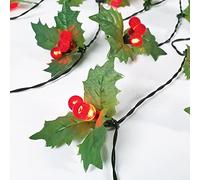 The Christmas Workshop 89380 89380-20 ramitas 60 LED, Tira de Luces únicas de Hojas de Acebo y Bayas, Funciona con Pilas, decoración Tradicional de Navidad para Interiores, Verde, Rojo