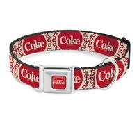 The Coca-Cola Company - Collar para Mascotas, Collar de Perro, Hebilla de cinturón de Seguridad de Metal, Tapas de Botella de Coca Cola, Color Blanco y Rojo, 16 a 23 Pulgadas, 1.5 Pulgadas de Ancho