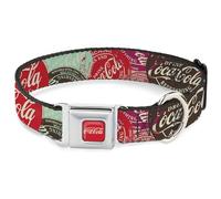 The Coca-Cola Company - Collar para Mascotas, Collar de Perro, Hebilla de cinturón de Seguridad de Metal, Parches Apilados de Coca Cola, Multicolor, de 16 a 23 Pulgadas, 1.5 Pulgadas de Ancho