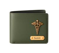 THE CUSTOMISED GIFT Cartera de cuero personalizada con nombre y dije para hombre, regalos para hombres, marido, novio, personal, empleados, clientes, colegas, amigos, verde oliva, Clásico