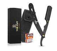 The Cut Factory Exquisita Line - Navaja de afeitar para hombre con cuchillas ultraafiladas de un solo filo, revestimiento negro mate, con bolsa de piel y caja de regalo