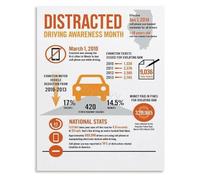 The Dangers of Distracted Driving Canvas Infographic Art For Police Department Lobby Or Family Room Safety Display(Framed,16x24inch(40x60cm))